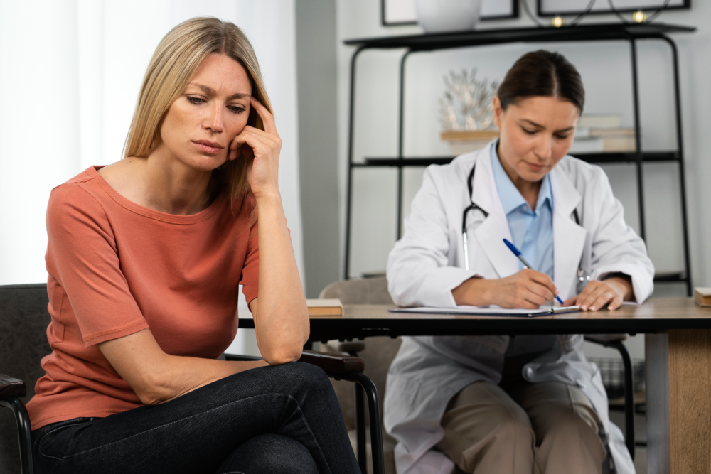 medium shot sad woman doctor s appointment