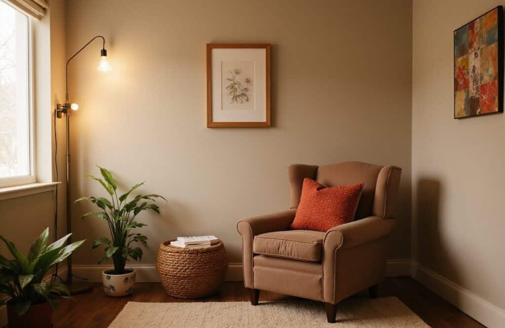 Warm, soothing private therapy room styled with minimalist decor and a comfortable armchair for Mental Health Services in San Diego County