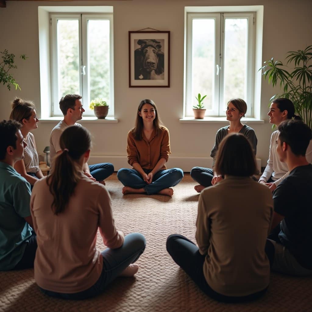 Group Therapy happening in Villa inpatient facility among people from different ethnicity