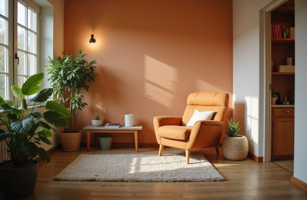 Safe, comforting counseling room with cozy seating and gentle ambient lighting