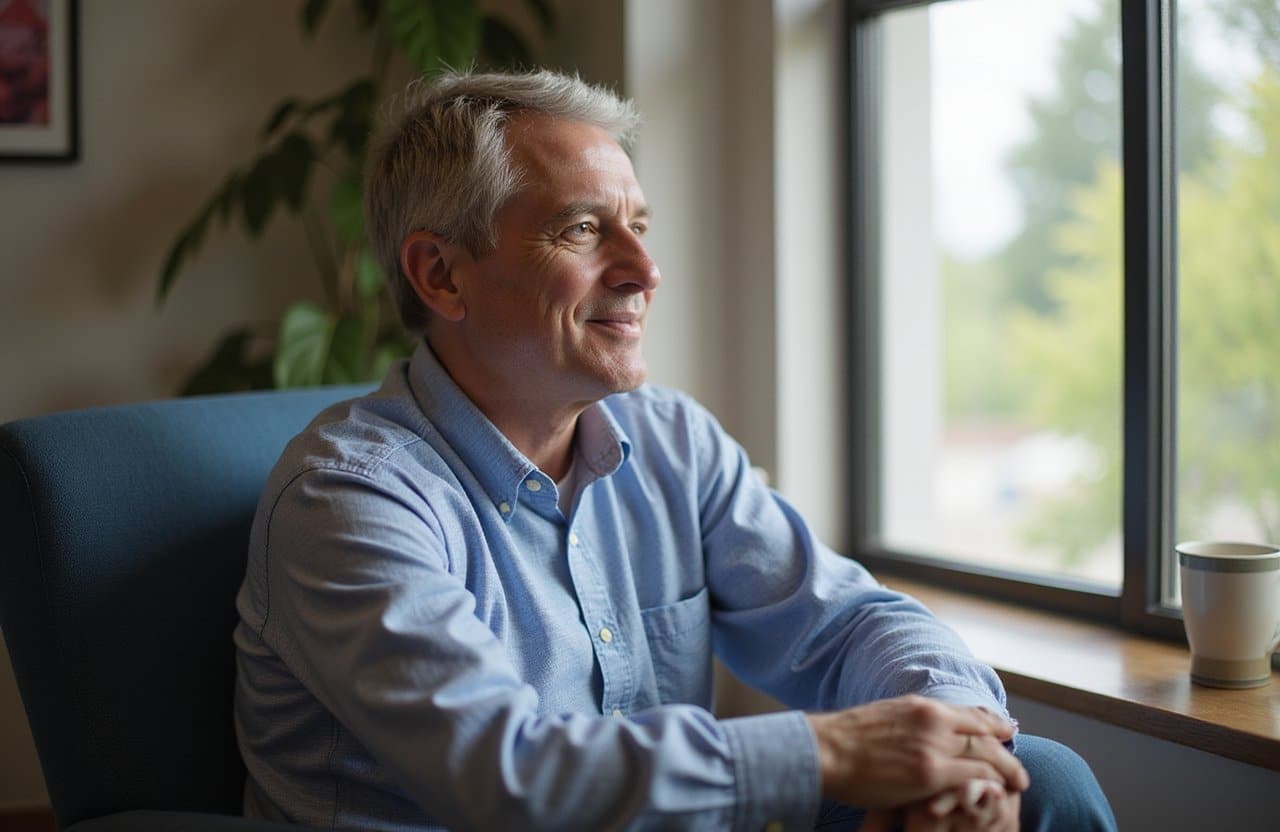 an Old man sitting by the window and smiling in our Villa Inpatient facility