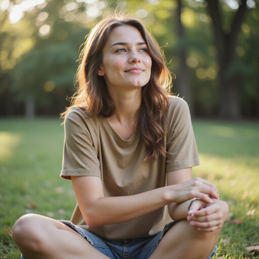 Woman sitting in a park feeling peaceful