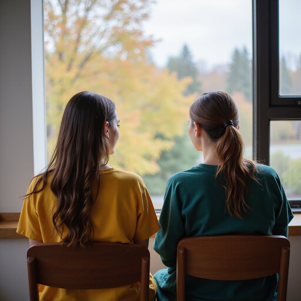 Serene women in an inpatient facility room looking outside peacefully after a therapy session