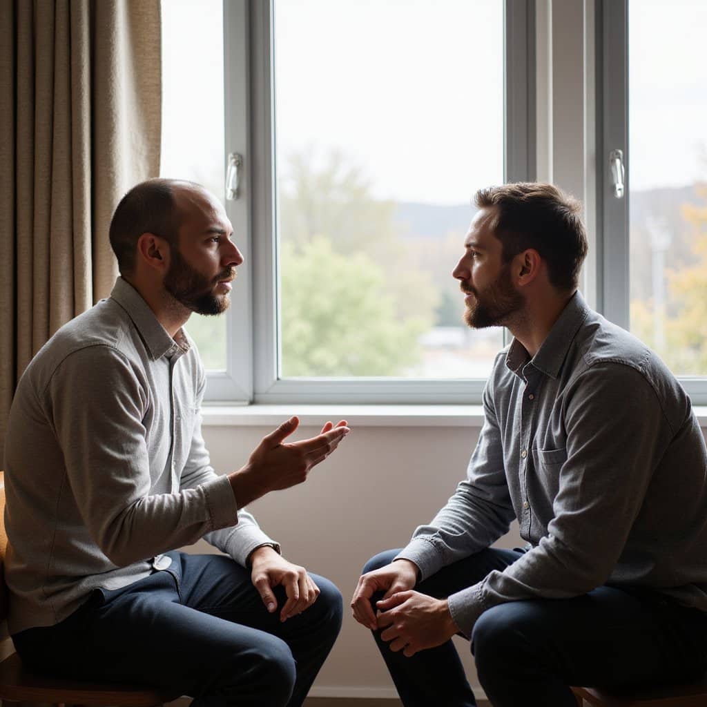 Two men seated near a sunlit window in an inpatient facility, with one gesturing gently while they share a reflective moment