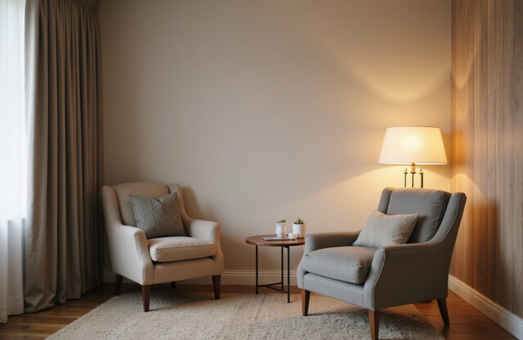 Calm therapeutic environment with a comfortable armchair and modern minimalist decor