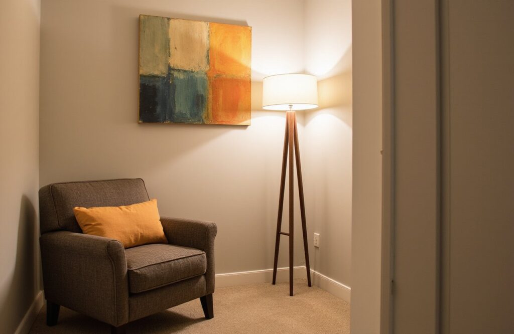Cozy private consultation room with a soft armchair and warm, calming lighting for Mental Health Services in Riverside County