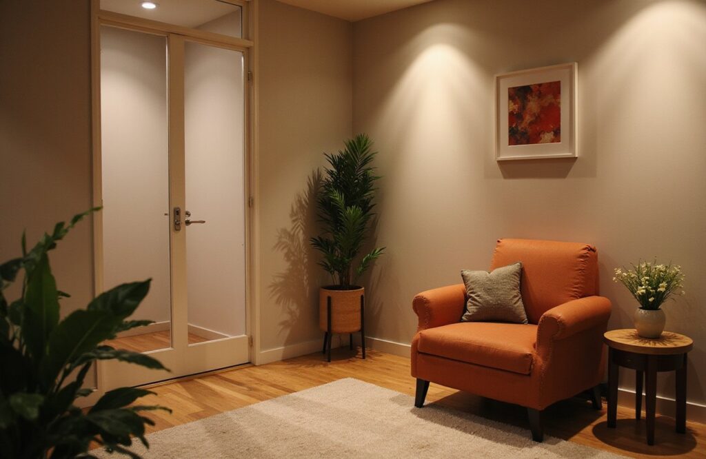 Private therapy office featuring warm tones, soft illumination, and a plush armchair