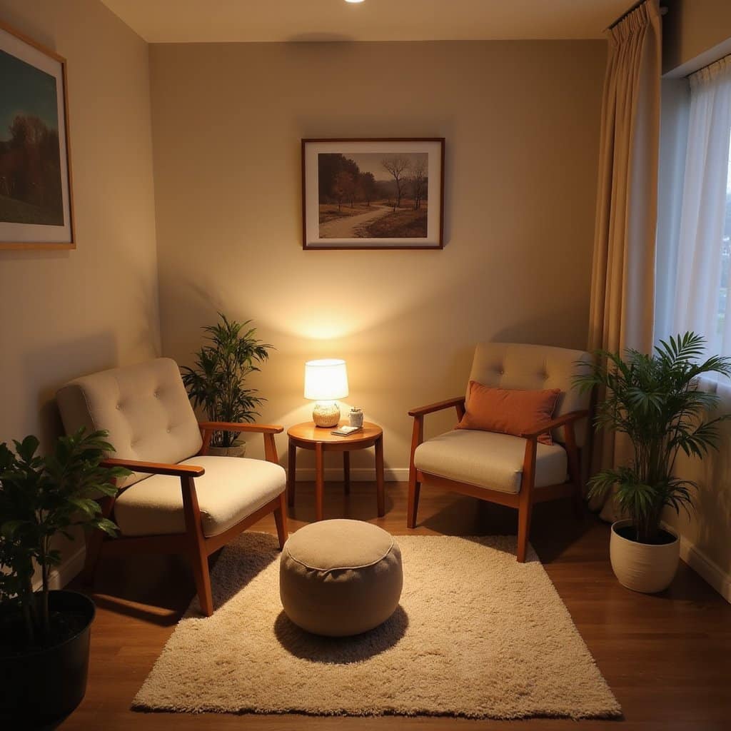 Warm, soothing private therapy room styled with minimalist decor and a comfortable armchair for Mental Health Services in San Diego County