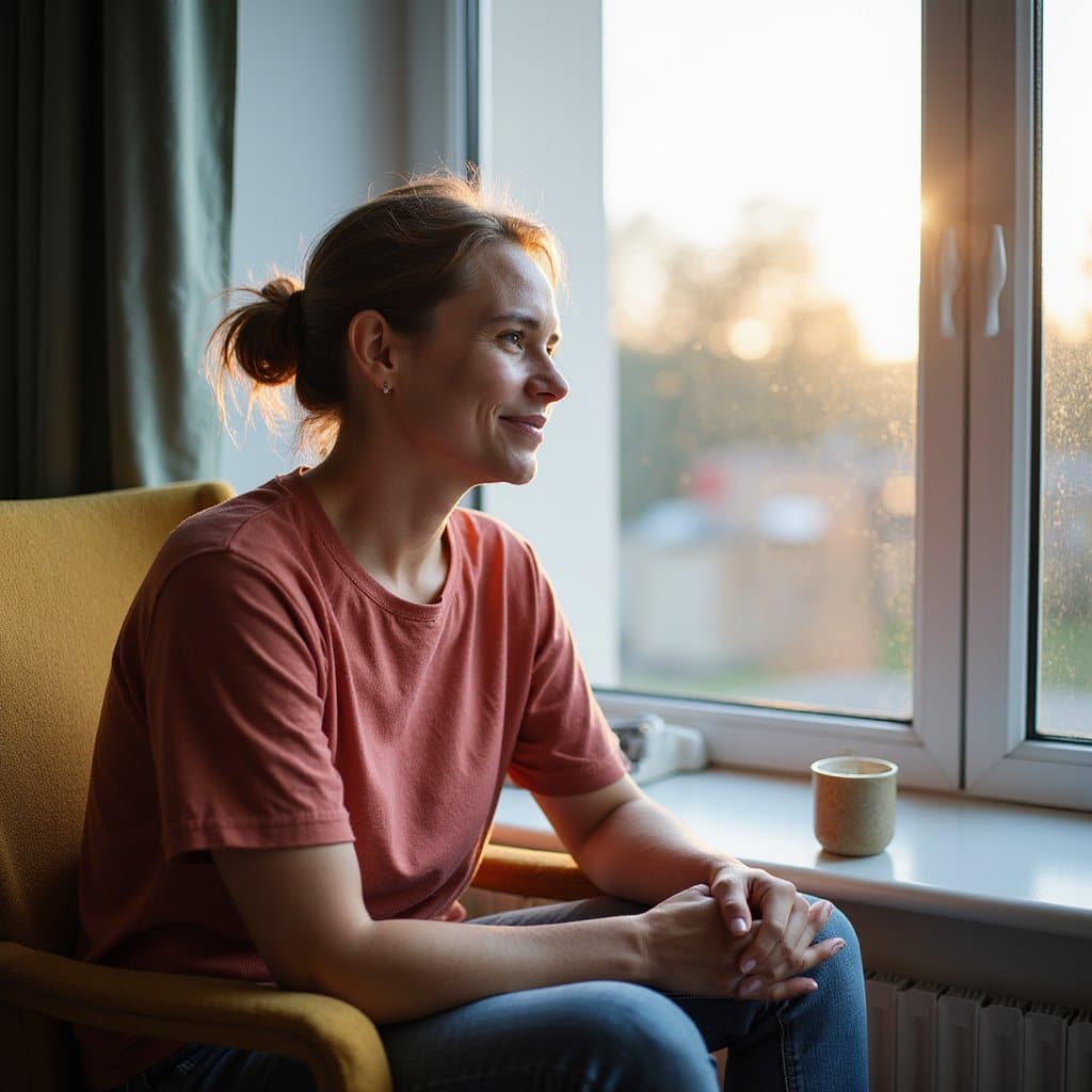 Peaceful moment of a woman gazing outside from an inpatient facility room after therapy