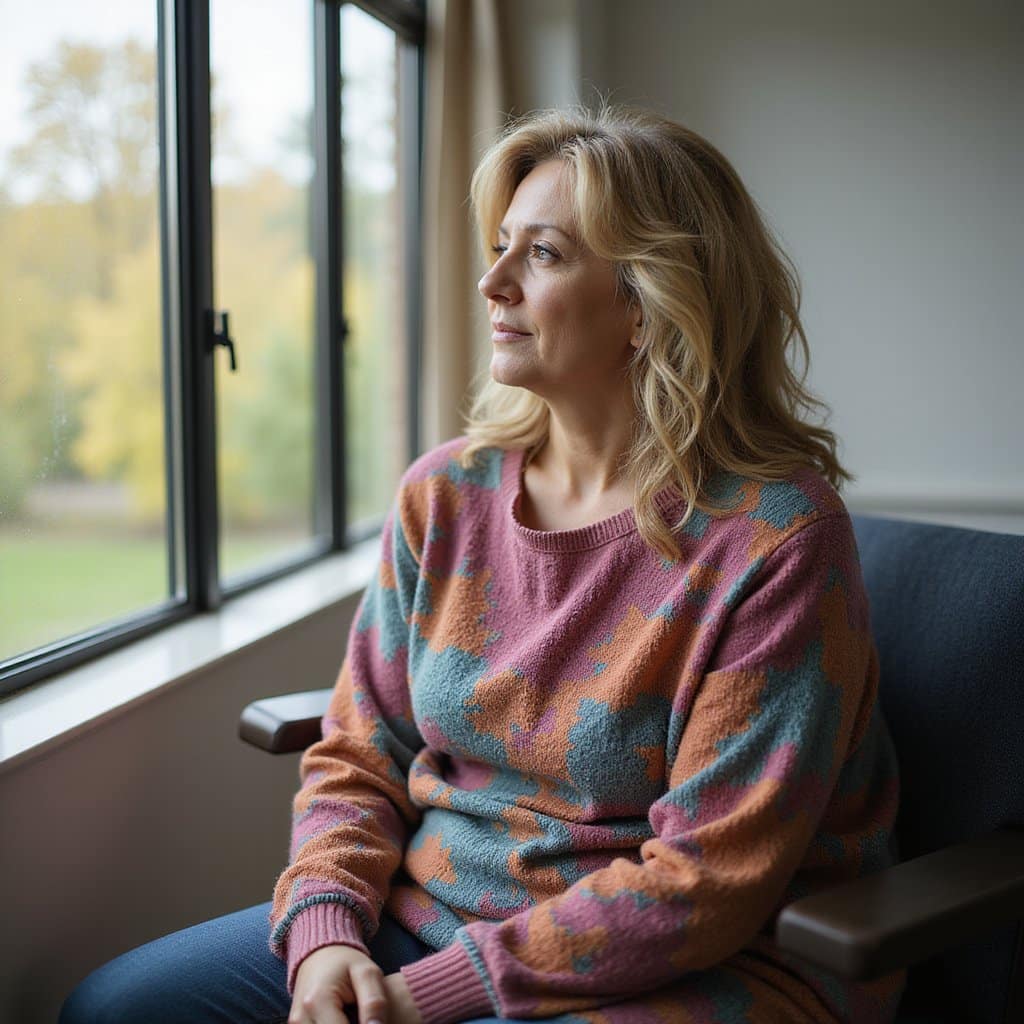 Reflective woman in an inpatient facility seated by a sunlit window, symbolizing peace after therapy