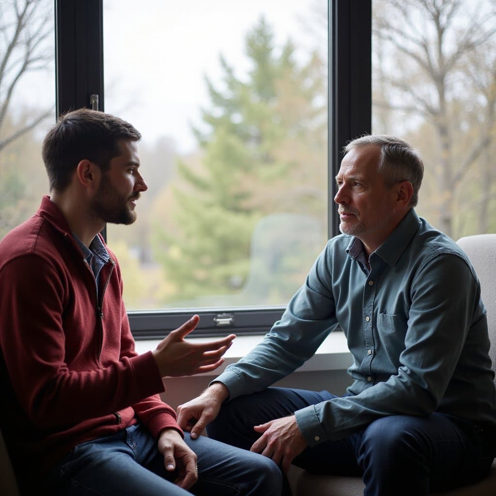 Two men sitting indoors near a window in an inpatient facility, one speaking with hand gestures as they reflect in natural light
