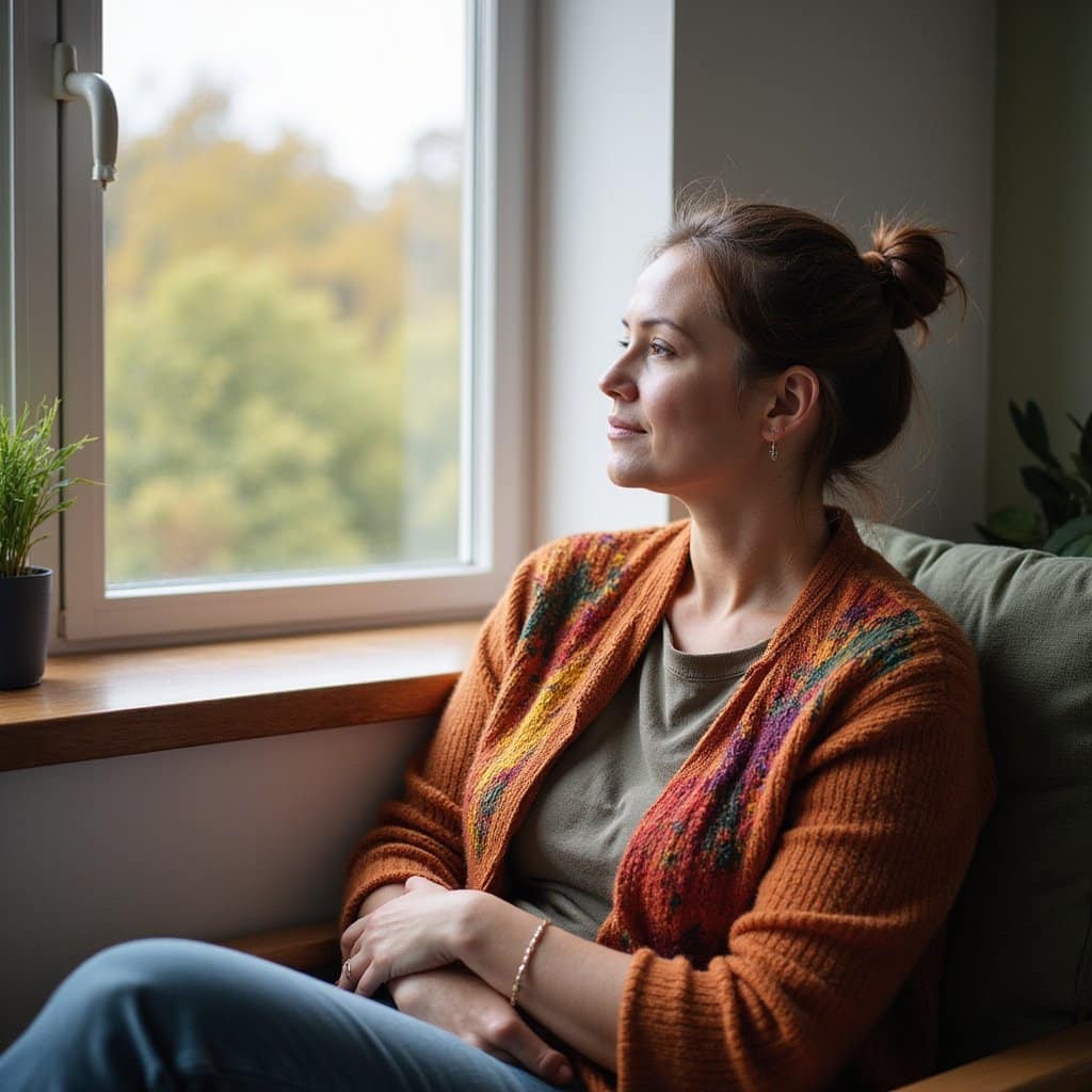 Woman wearing colorful clothing sitting near a bright window in an inpatient facility, appearing calm and thoughtful