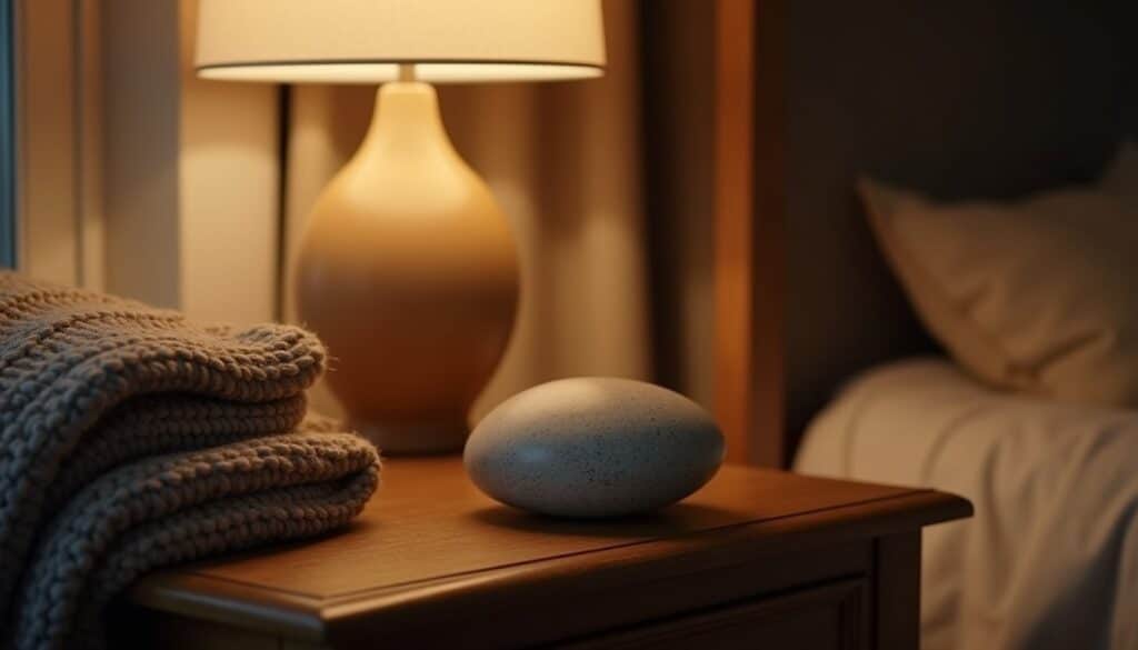 Softly lit trauma therapy residential interior with a smooth stone and knitted throw