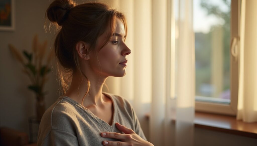 Peaceful young adult participating in trauma therapy in a softly blurred residential interior in Orange County