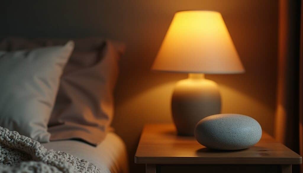 Close-up of a smooth stone on a wooden table in a trauma therapy indoor space in Santa Clara County