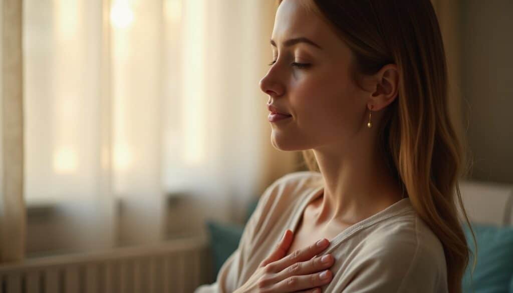 Calm trauma therapy moment with a young adult breathing slowly in a residential space