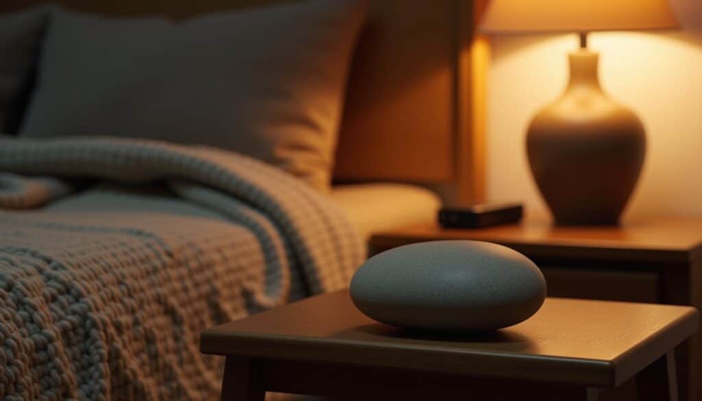 Wooden side table holding a smooth stone beside a warm lamp in a trauma therapy environment
