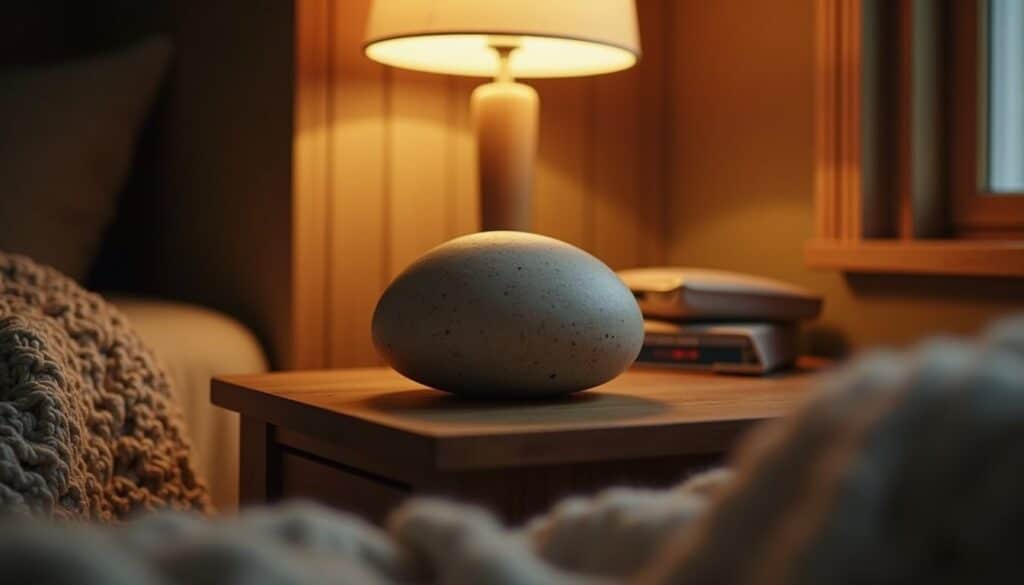 Simple calming trauma therapy scene with a stone, lamp, and wooden table
