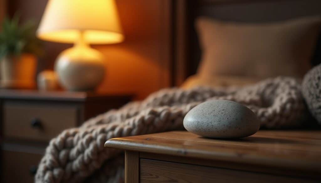 Cinematic close-up of a smooth stone on a wooden table in a trauma therapy setting