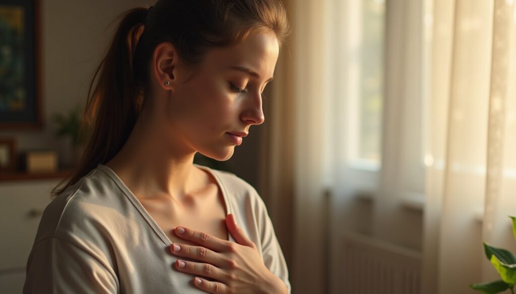 Portrait of a young adult practicing grounding techniques in trauma therapy at a residential center in San Bernardino County