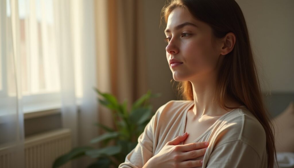 Portrait of a young adult resting hand over heart during trauma therapy in a softly lit living room