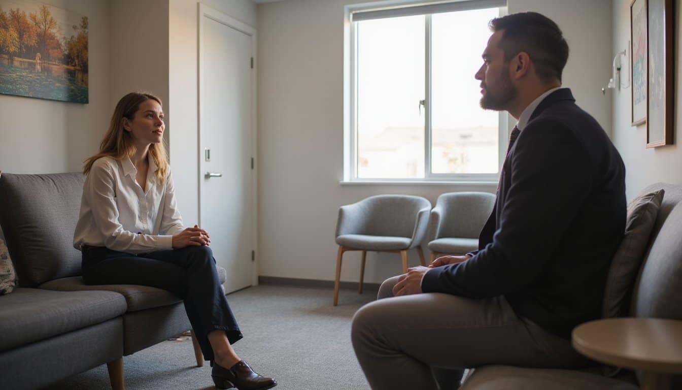 A private therapy room in a residential inpatient treatment center with soft lighting, comfortable seating, neutral decor. One adult seated across from a therapist, therapist slightly out of focus, calm and attentive mood