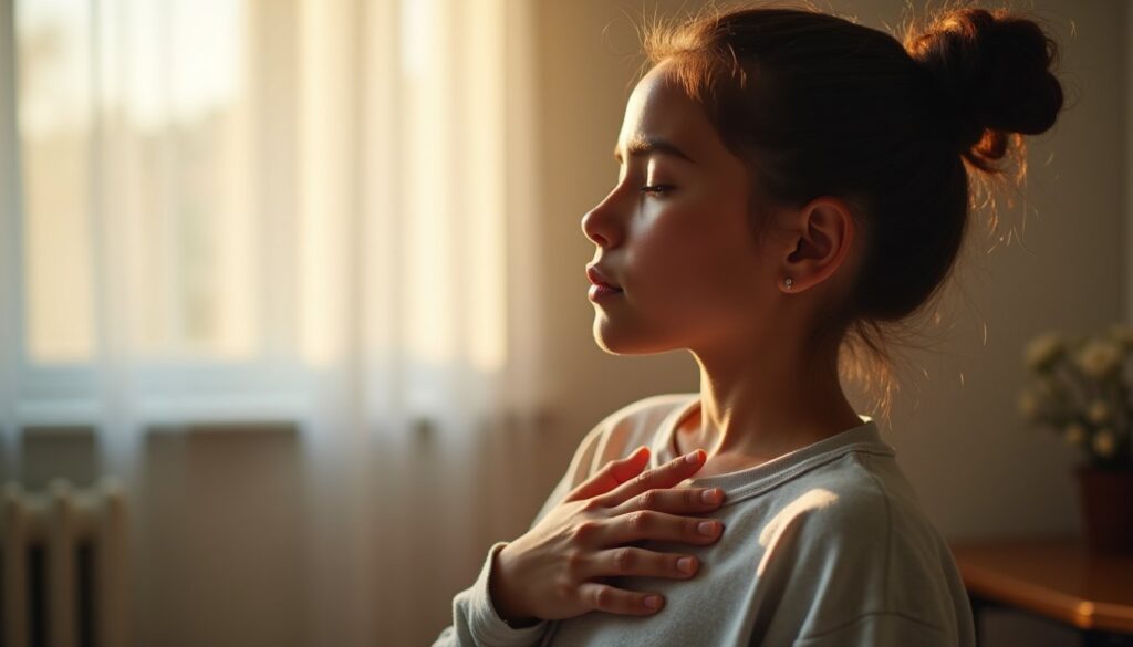 Close-up of a serene young adult participating in trauma therapy breathing exercise in Fresno County