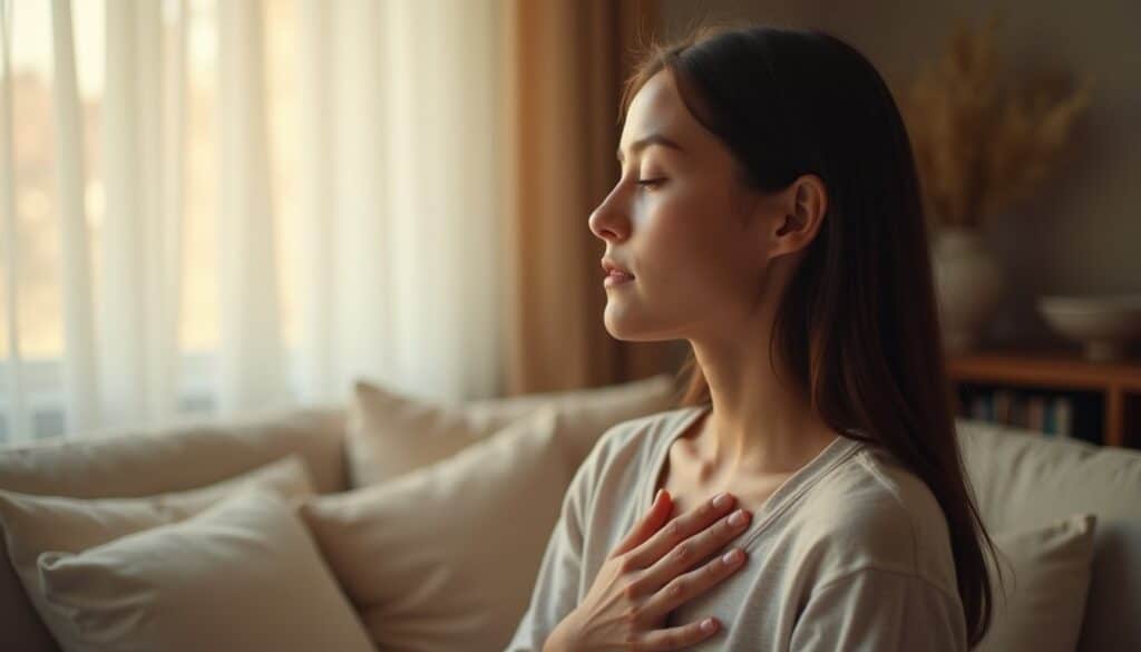 Young adult practicing slow breathing during trauma therapy in a warm residential setting in Sacramento County