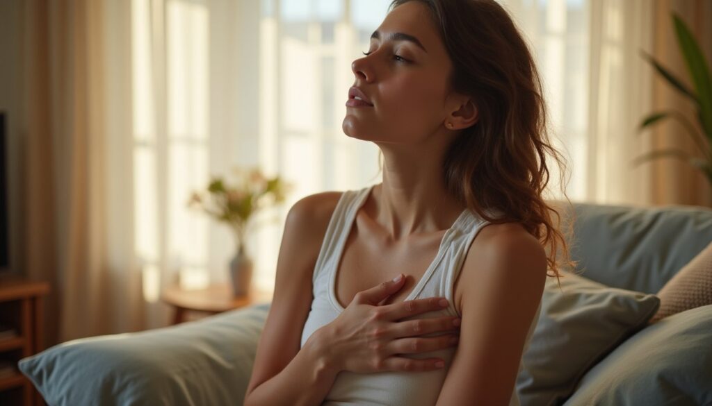 Close-up image of a young adult engaged in trauma therapy breathing practice in warm natural light