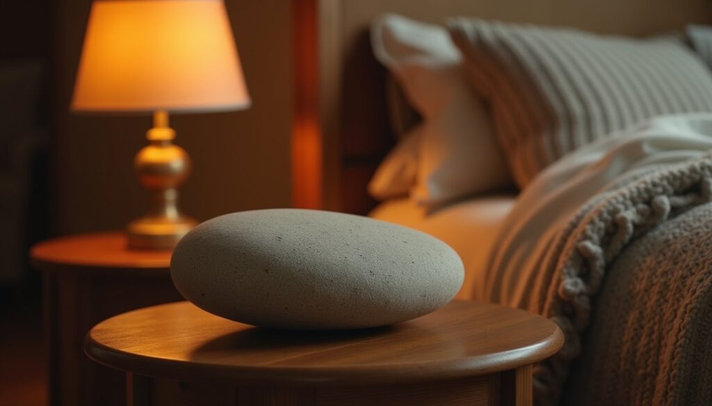 Smooth stone placed on a side table in a cozy trauma therapy room with warm lighting