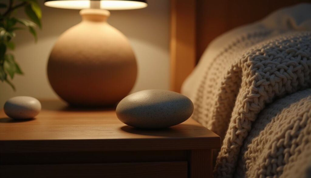 Smooth stone positioned on a wooden side table under ambient lamp light in trauma therapy in Riverside County