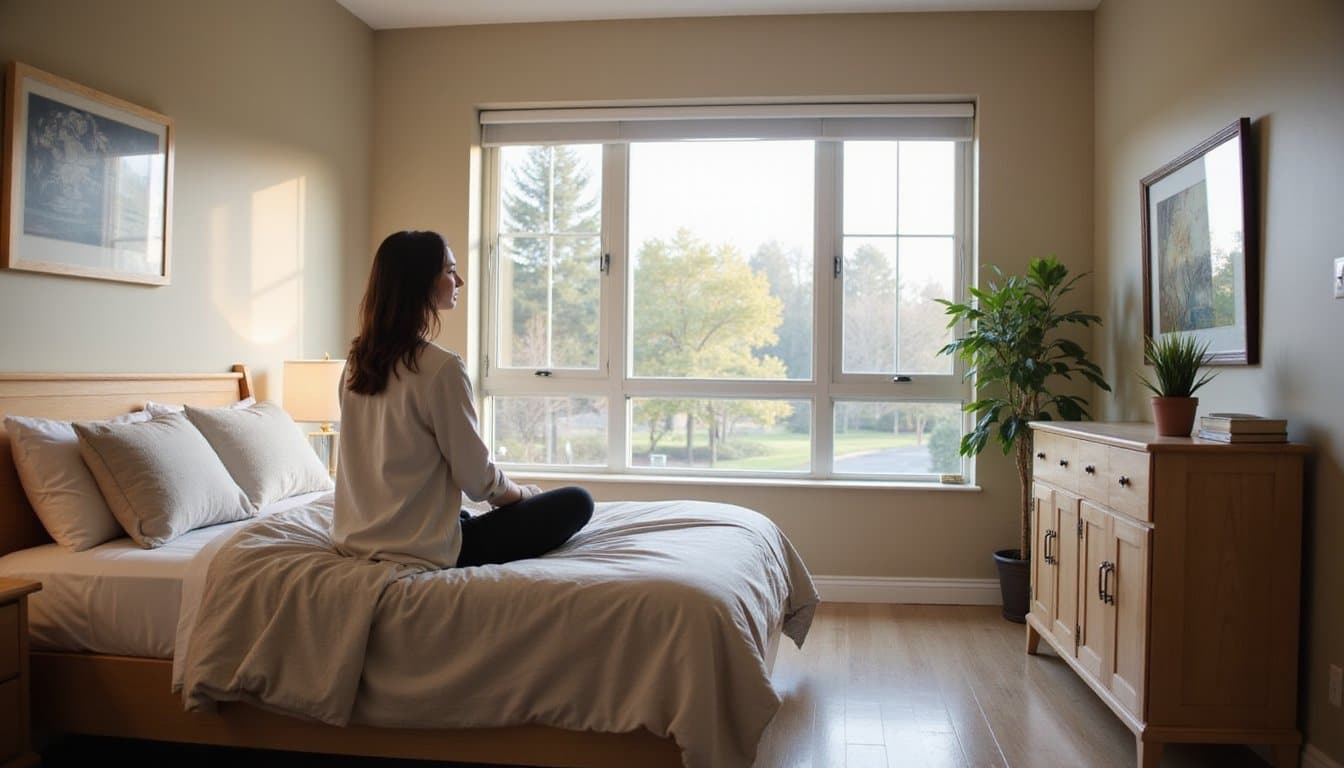 Calm residential inpatient mental health facility bedroom with soft natural light through large windows, neutral earth tones, a comfortable bed with clean linens, and a person sitting peacefully on the edge of the bed looking toward the window in a warm, safe wellness center setting.