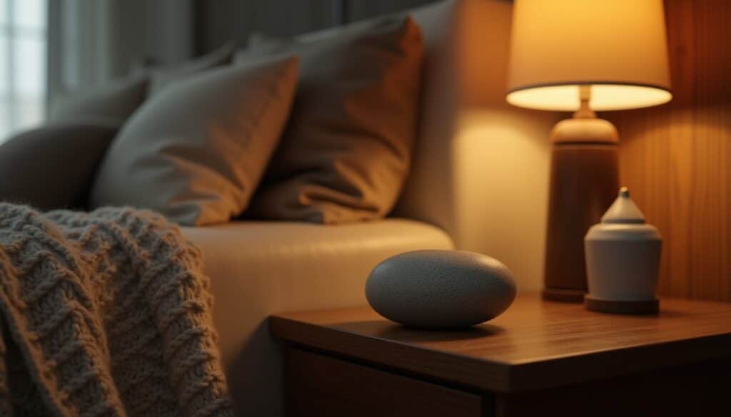 Calm indoor trauma therapy scene with a grounding stone and folded blanket nearby in Orange County