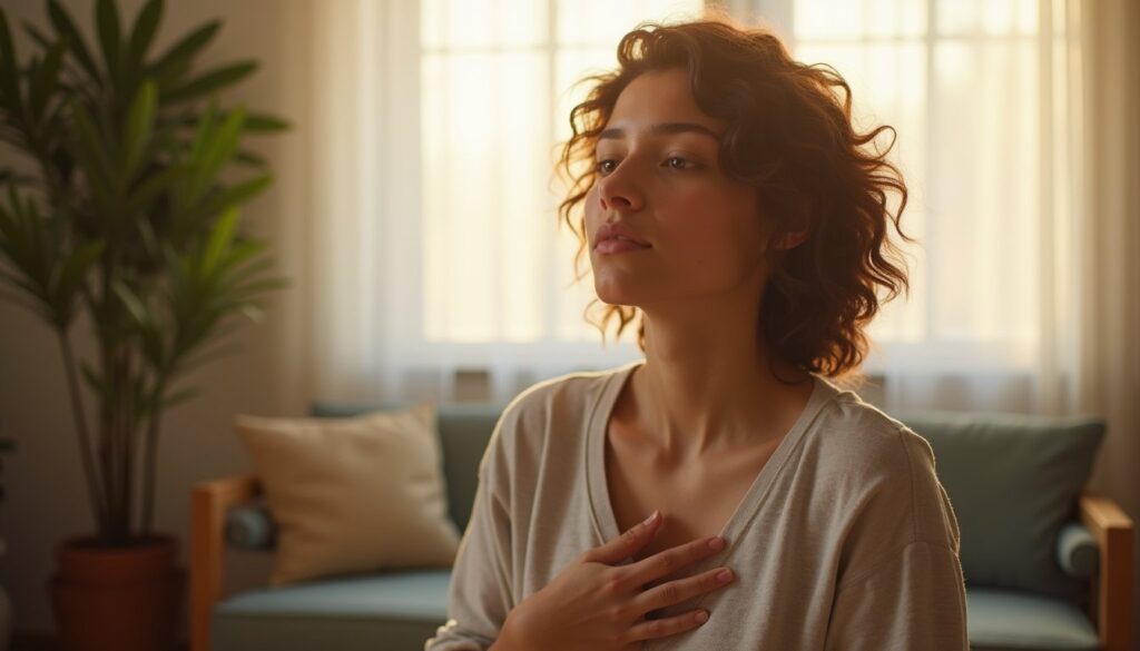 Calm young adult focusing on breathing as part of trauma therapy in a residential treatment space