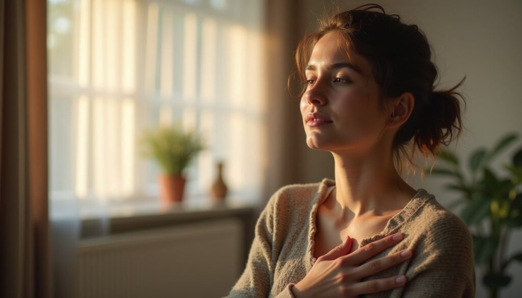 Peaceful young adult practicing grounding breath in trauma therapy within a residential living room