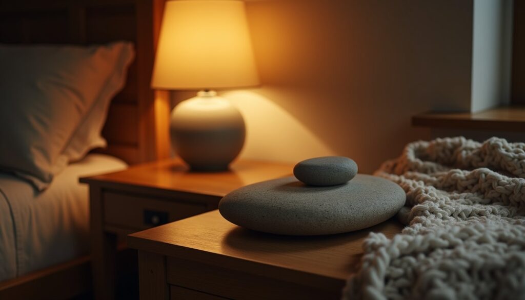 Cozy trauma therapy room detail showing a smooth stone, lamp, and knit throw in San Bernardino County