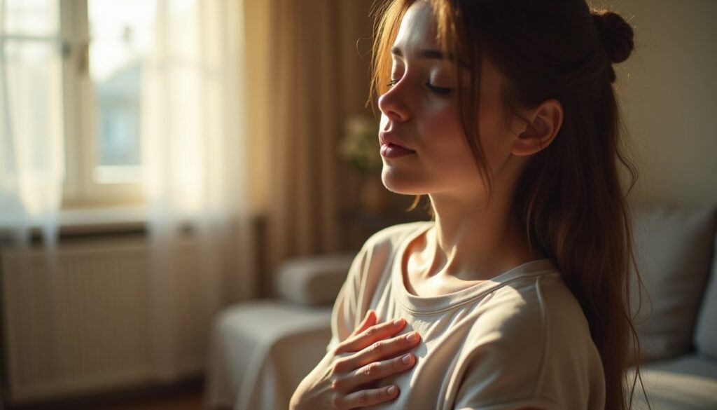Close-up of a peaceful young adult in trauma therapy with soft sunlight and a blurred residential setting