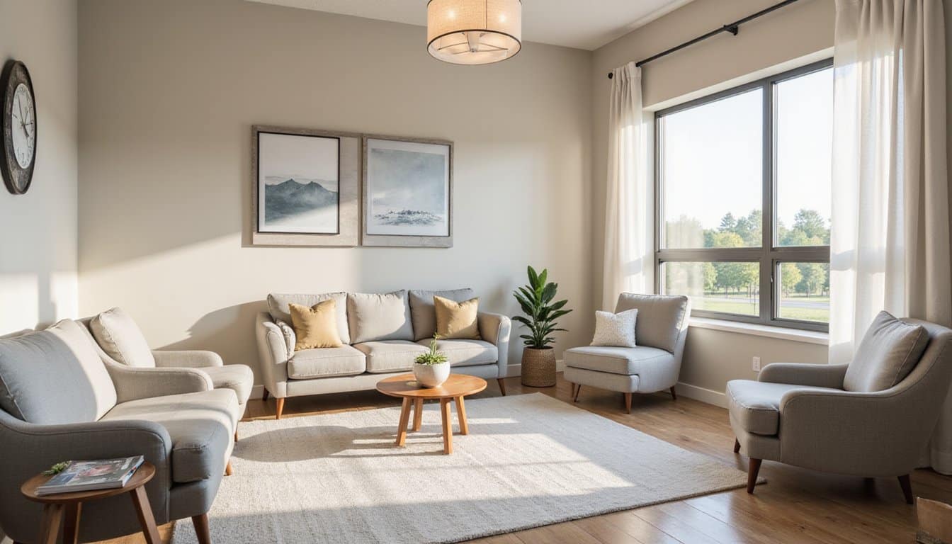 A reflection room in a residential inpatient treatment center with soft seating, natural light, neutral calming colors