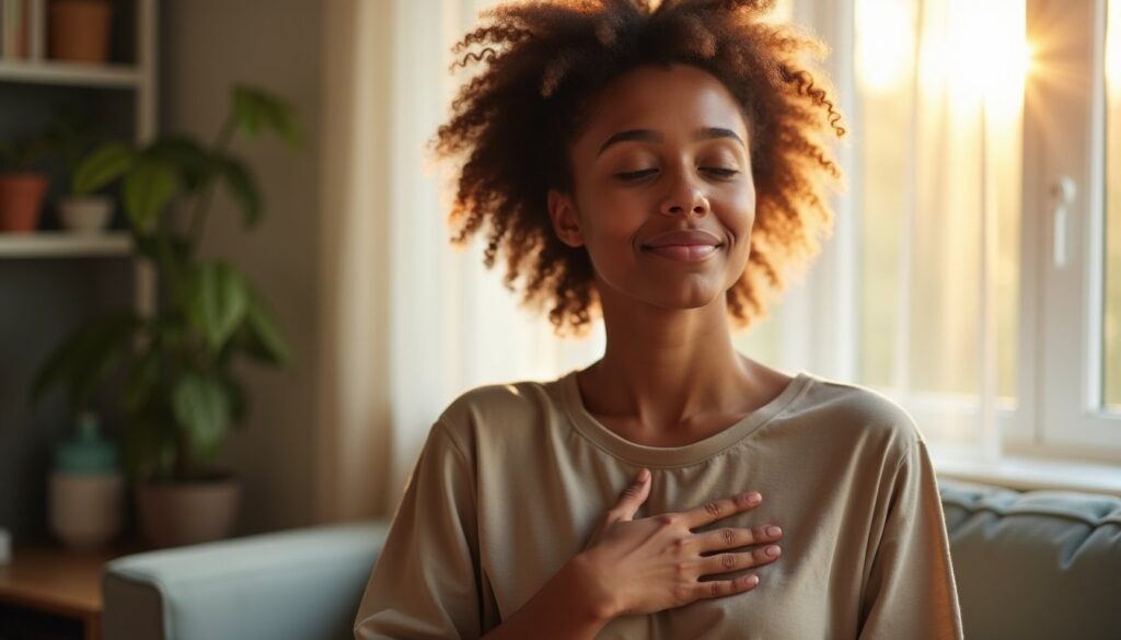 Calm portrait of a young adult during trauma therapy with sheer curtains and morning sunlight