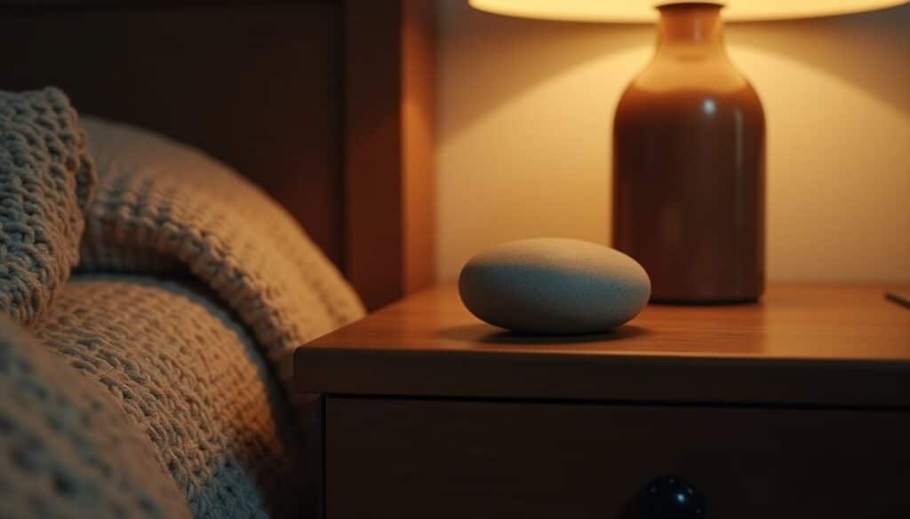 Grounding stone resting in a calm trauma therapy residential room with soft lighting
