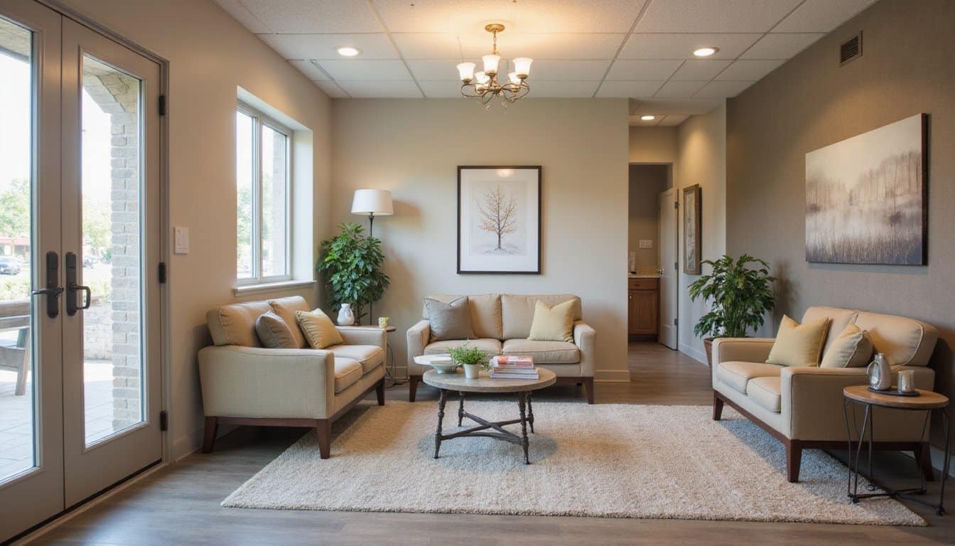 Warm, inviting inpatient mental health residential lounge with comfortable seating, soft ambient lighting, neutral color palette, and a calm wellness center atmosphere, no people present.