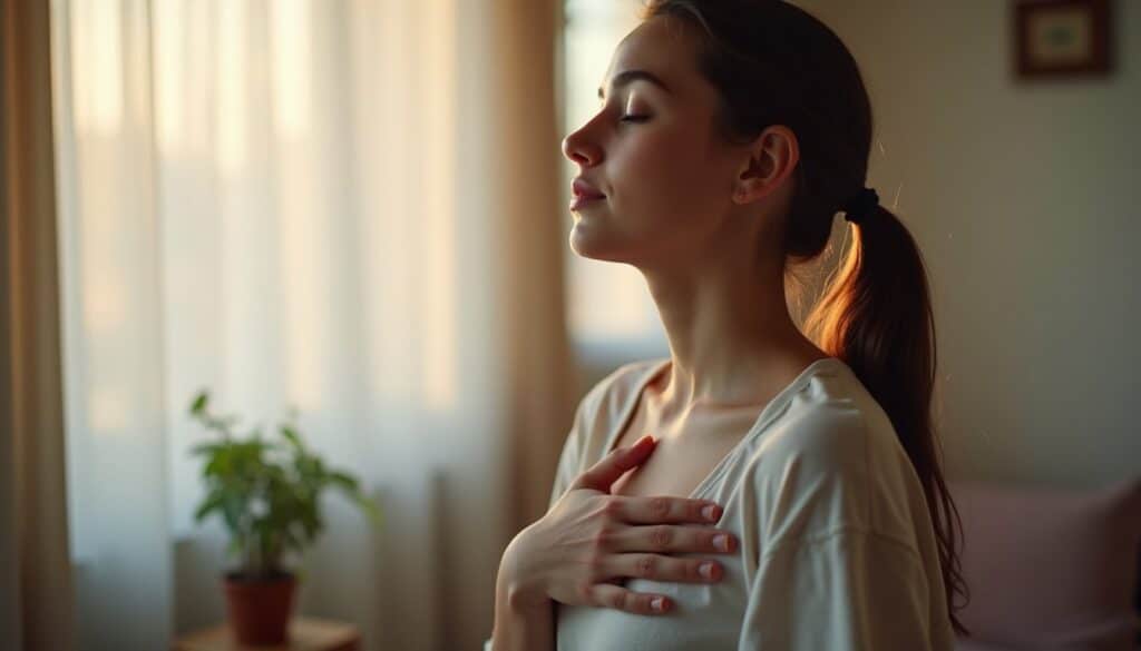 Calm portrait of a young adult during trauma therapy with sheer curtains and morning sunlight