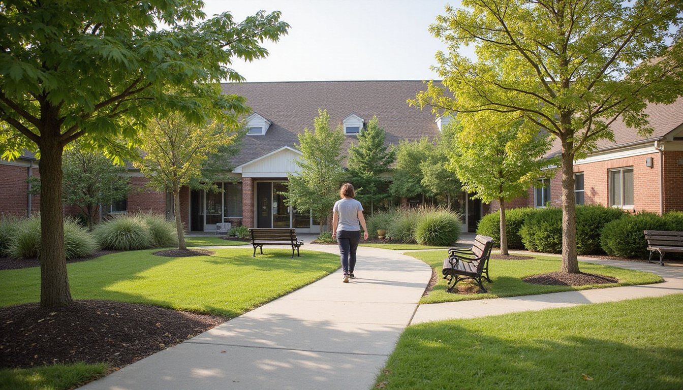 A man walking in a park outside an inpatient facility
