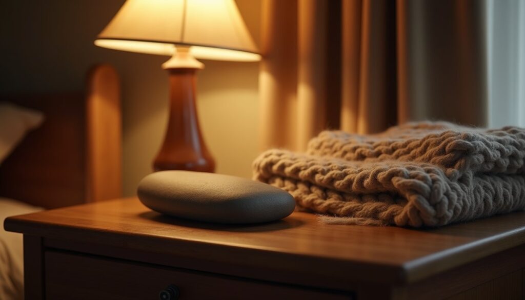Smooth stone resting near a lamp and folded throw in a trauma therapy living space