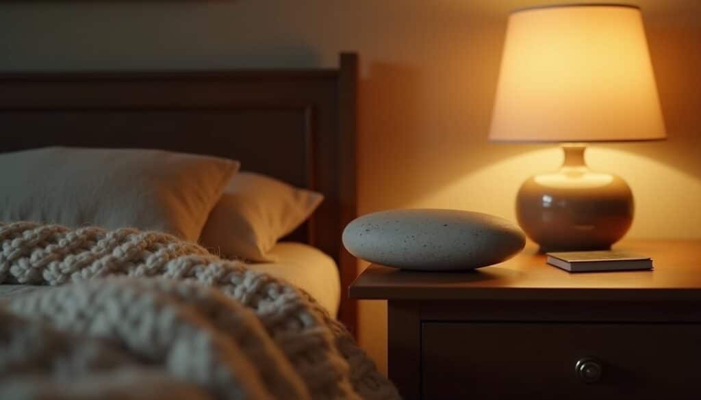 Grounding stone on a wooden side table in warm ambient light during trauma therapy