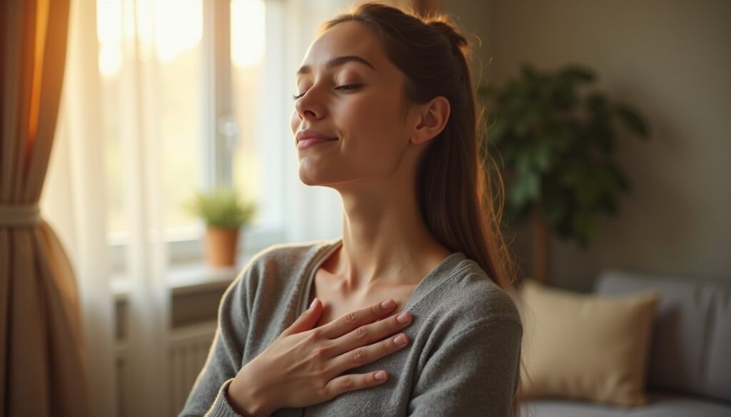 Close-up of a calm expression during trauma therapy in a residential treatment living room