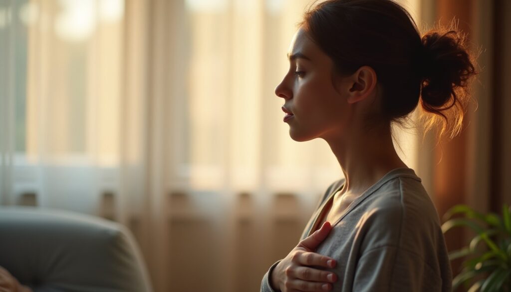 Young adult taking a slow breath with hand over heart during trauma therapy in warm morning light