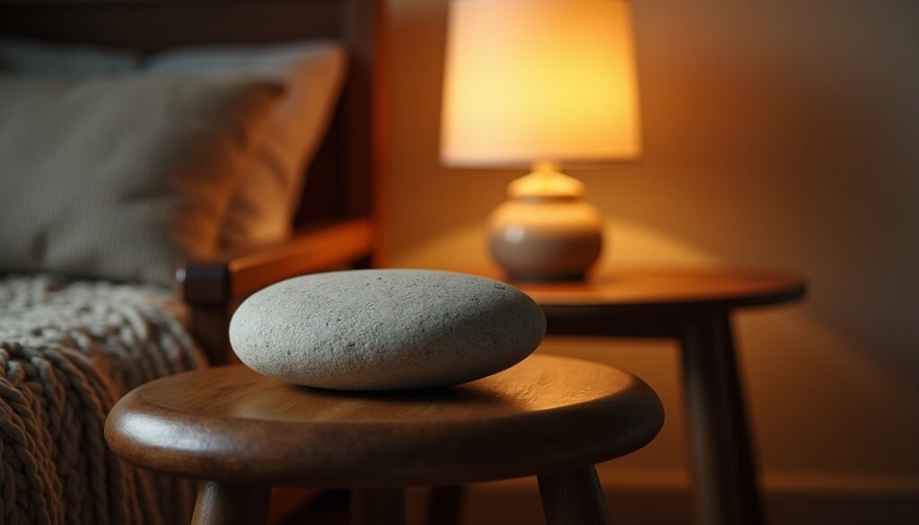 Peaceful trauma therapy interior vignette with a grounding stone and soft lighting