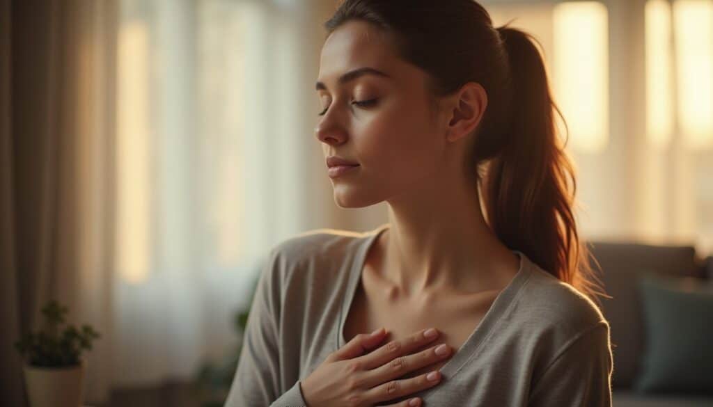 Trauma therapy session showing a calm young adult with hand over heart in soft light in Contra Costa County