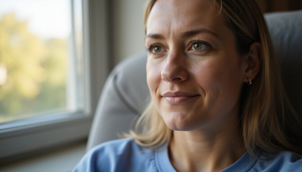 Adult sitting near a window with warm light and a relaxed, thoughtful expression
